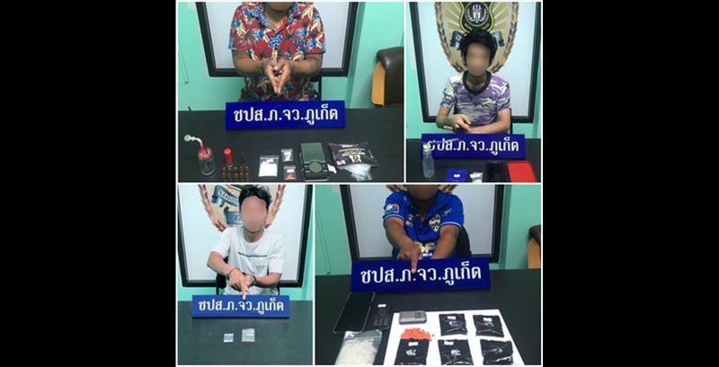 รวบ 4 หนุ่มคดียาเสพติดกะรน-ฉลอง ยึดยาบ้ากว่าพันเม็ด ไอซ์ กระสุนปืน 
