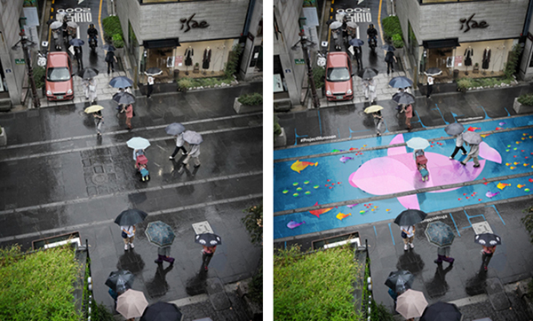 จิตรกรรมบนพื้นถนน ที่สายฝนจะโปรยเปลี่ยนวันเทา ๆ เป็นความมีชีวิตชีวา