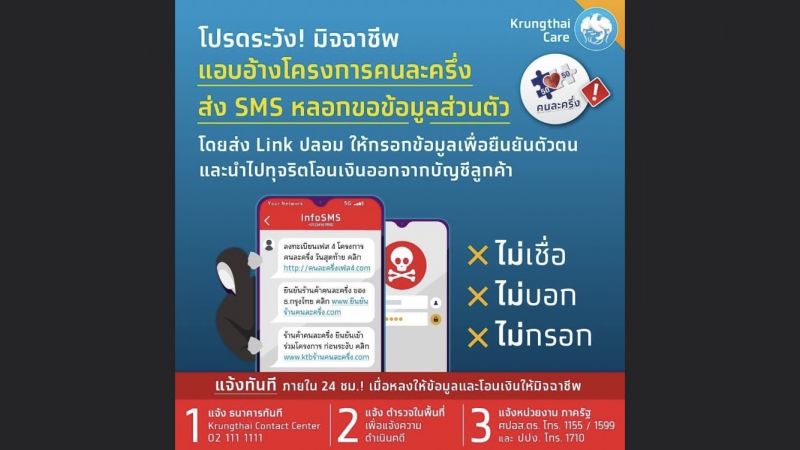 เตือนระวัง!! มิจฉาชีพแอบอ้างโครงการคนละครึ่ง ส่ง SMS หลอกขอข้อมูลส่วนตัว