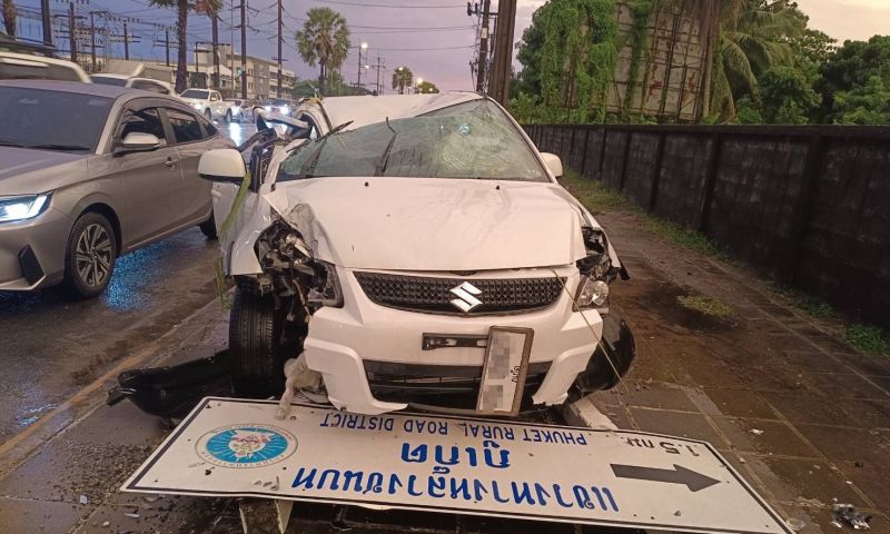 ฝนฟ้าคะนองลมพัดแรงต้นตาลล้มทับรถยนต์สาวต่างชาติเสียหาย คนขับบาดเจ็บ